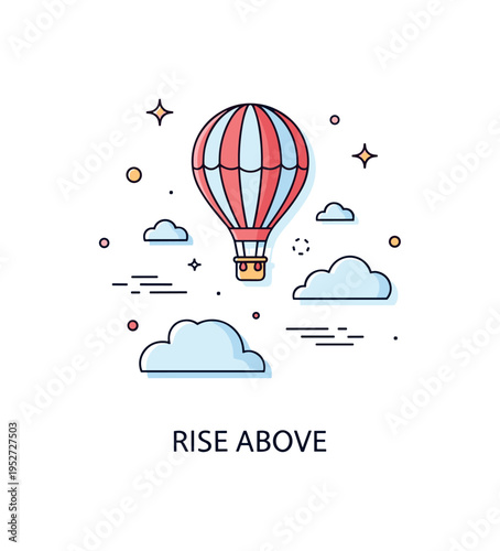 Floating in the sky hot air balloon journey with a simple striped balloon rising above minimal cloud shapes, symbolizing adventure and quiet exploration. The