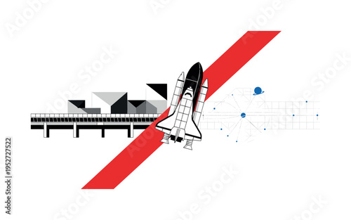 Black and white space shuttle angled diagonally as if preparing for takeoff, bold red diagonal stripe crossing composition, thin linear grid referencing