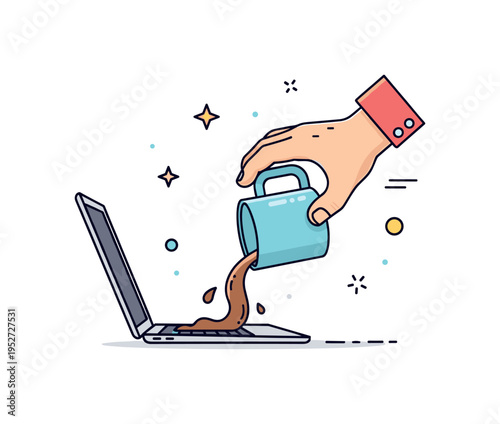 A hand knocking over a coffee mug with liquid spilling onto a laptop keyboard, illustrating sudden mishap, stress, and everyday accidents. Minimalist flat