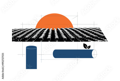 Black and white orchard silhouette simplified into rhythmic tree forms, bold orange semicircle framing upper sky area like seasonal sun, thin framing guides
