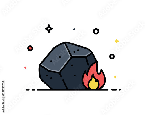 Coal and energy resource illustration showing a simple dark mineral chunk with a small flame icon, symbolizing fuel, extraction, and natural energy sources.
