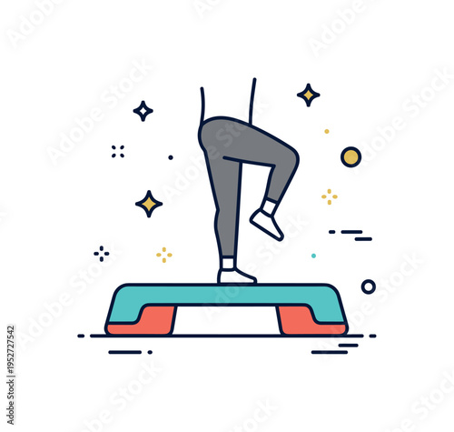 Step aerobics workout illustrated by a compact step platform with a dynamic leg movement silhouette above it, symbolizing structured fitness routines. The