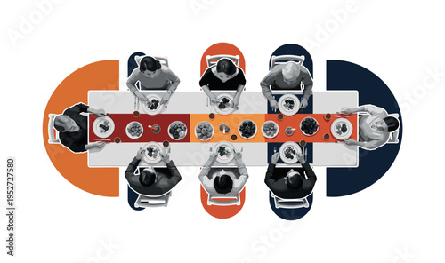 A black and white retro family seated around a long Thanksgiving dinner table viewed from above, realistic cut-out figures layered with bold geometric circles