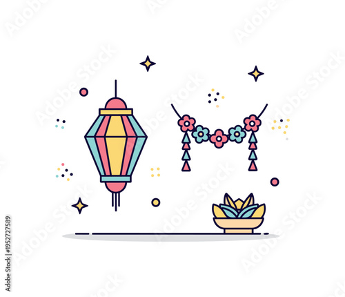 Cultural festival ritual theme illustrated by a decorative lantern and floral garland arrangement, symbolizing celebration and seasonal observance. Subtle