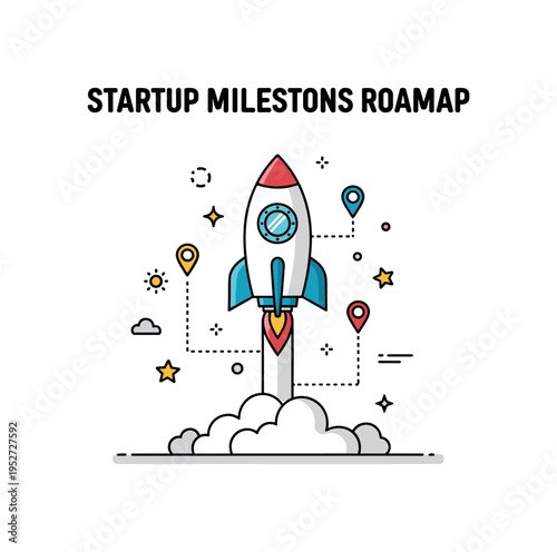 Startup milestone roadmap built around a small rocket launching upward with dotted path markers, conveying ambition, progress tracking, and scalable vision. A