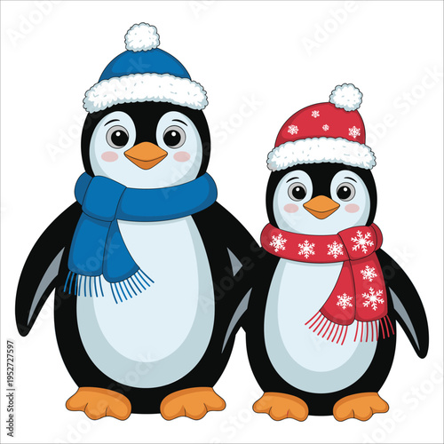 Two cheerful penguins dressed for a winter celebration with festive accessories