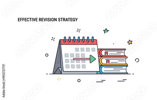 Effective revision strategy shown as a calendar page paired with stacked books and subtle arrow accent, symbolizing consistent review and time allocation. The