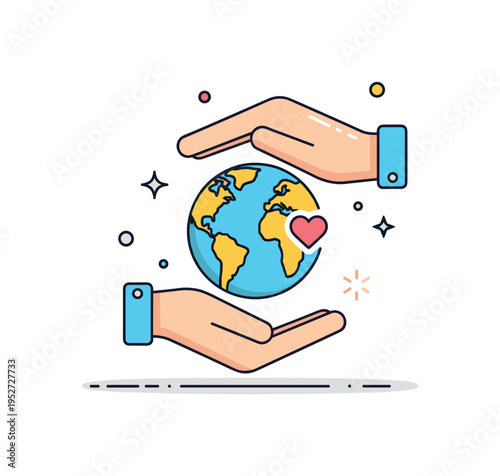 Hands protecting the planet peace idea depicted by two gentle hands cupping a globe with a tiny heart icon, symbolizing care, empathy and global