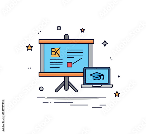 Hybrid learning model concept featuring a classroom board icon combined with a small laptop symbol, expressing blended physical and virtual education. The