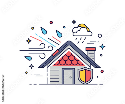 Storm resistant roofing solution depicted by a sturdy roof icon resisting strong wind lines and rain drops, expressing durability and weather protection.