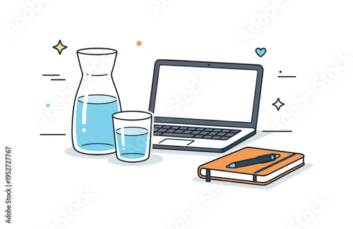 Office desk hydration. A simple glass carafe and a drinking glass placed next to a laptop and notebook, quiet work moment suggesting healthy hydration during