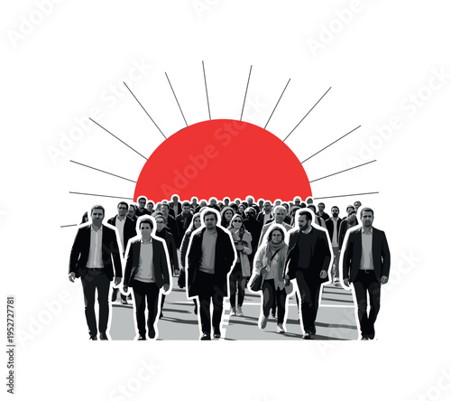 A black and white crowd of people walking forward in retro documentary photo style, layered with a bold red semicircle rising behind them like an alarm signal,