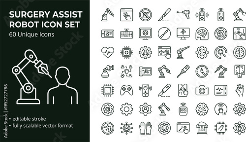 Surgery assist robot line icon set with surgical robotics medical automation healthcare technology and operation equipment symbols