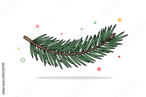 Evergreen branch with pine needles illustrated through a gently curved twig covered in evenly spaced needle clusters, symbolizing winter greenery and year