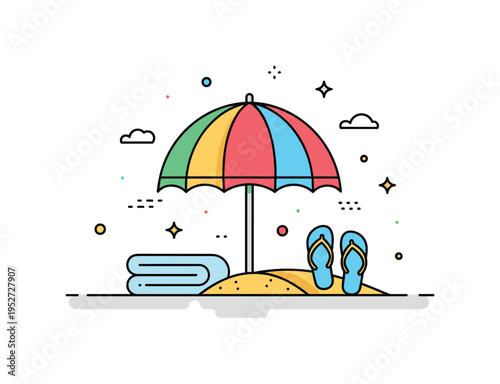 Seaside relaxation concept centered on a colorful umbrella planted firmly in the sand beside a folded towel and flip flops, symbolizing weekend getaway and