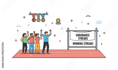 Track athlete celebrating with a coach and teammates after a series of victories, medals hanging, and a banner showing achievements, highlighting endurance and