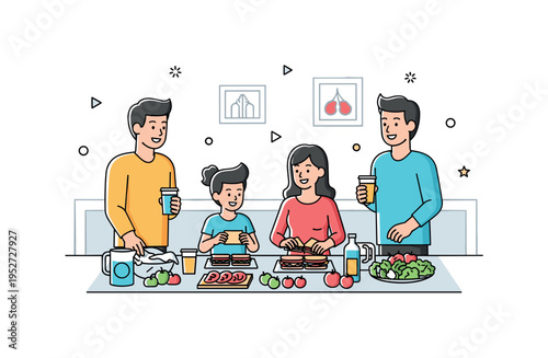 Family preparing a picnic meal indoors with ingredients on the table, arranging sandwiches and drinks while chatting, illustrating togetherness and casual