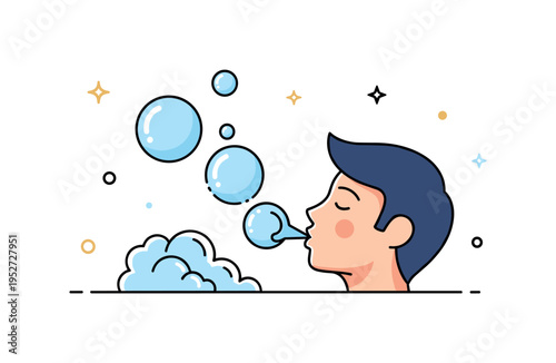 Bubble blowing playful moment illustrated by a person gently blowing soap bubbles that float upward in soft rounded shapes, expressing joy and lighthearted