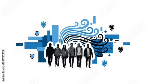 A monochrome silhouette of people walking forward together against abstract wind shapes, surrounded by blue rectangular blocks and minimal abstract shield