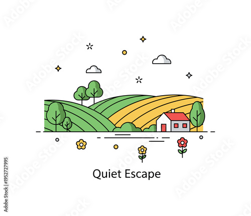 Holiday destination countryside retreat concept with rolling hills, a small farmhouse, and subtle flower accents, expressing slow living and rural charm. A