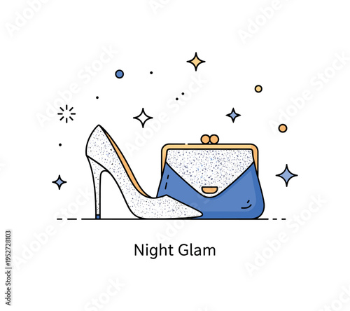 Glittering fashion party accessories scene with a compact high heel and clutch bag surrounded by minimal sparkle icons, conveying festive elegance