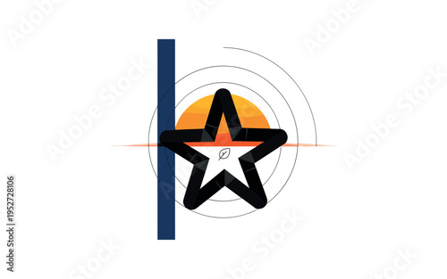Black and white trio of overlapping turbine blades forming star-like negative space, bright orange semicircle positioned behind like glowing horizon, thin navy
