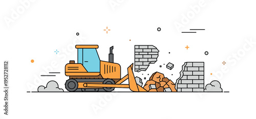 Bulldozer clearing construction site illustrated with a compact machine pushing broken wall segments into a neat pile, symbolizing preparation for