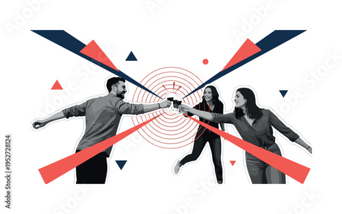 Black and white three friends clinking glasses in dynamic perspective, concentric circles marking the toast point, bold coral red and navy flat geometric