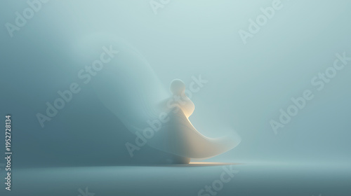 Minimal 3D Surreal Creature Silhouette. Floating in Abstract Fog. Dreamlike Fantasy Background with Negative Space.