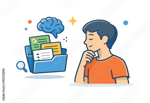 Second brain review and retrieval moment shown as a user calmly accessing stored notes, symbolizing confidence, recall, and mental space created by a trusted