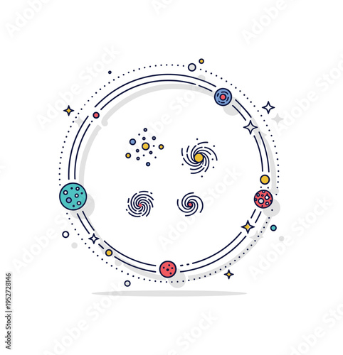 Observable universe boundary circular frame enclosing small clusters of galaxies with faint dotted outer edge. A thoughtful concept badge about limits of