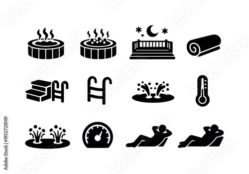 Steaming Hot Tub. Solid icon set of Steaming Hot Tub: hot tub, steam rising, bubbling water, wooden tub, outdoor deck, night sky, snowflakes, towel roll, steps