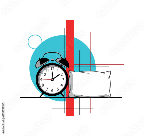 Black and white alarm clock positioned beside a neatly arranged pillow, oversized turquoise circular halo behind the clock, red vertical geometric bar dividing