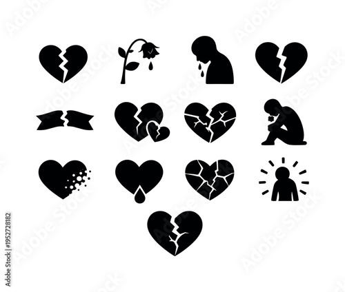 Romantic Heartbreak. Solid icon set of Romantic Heartbreak: broken love heart, wilted rose, crying silhouette, split heart icon, torn ribbon, love loss symbol,