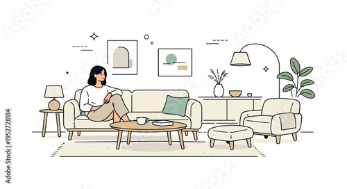 Quiet luxury home interior. A spacious living room with minimal furniture, soft textures, and neutral tones, a person seated in a relaxed pose. Feeling of