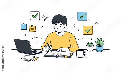 Home office productivity. A remote worker calmly organizing tasks at a clean desk with laptop and planner, morning light and focus mood. Notes, small plants