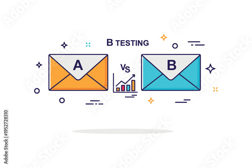 A B testing email strategy represented by two contrasting envelope icons labeled A and B with a small comparison chart between them. The composition conveys