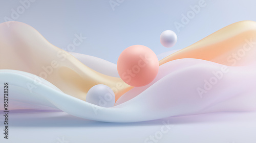 Abstract 3D Floating Spheres and Smooth Waves. Pastel Gradient Surreal Background with Negative Space.