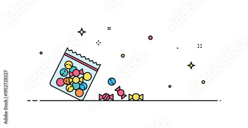 Sweet celebration moment small bag of mixed candies spilling a few colorful pieces onto a minimal surface line. A joyful illustration capturing surprise,