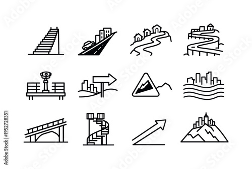 City Elevation Hiking. Line icon set of City Elevation Hiking: long stair climb, steep urban slope, hillside houses path, switchback street, observation deck,