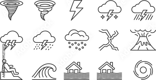 Weather Icons Set with Tornado, Lightning, Rain and Volcano, Flood, and Storm Symbols