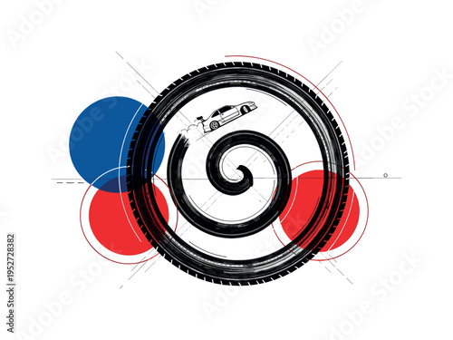 Black and white tire skid marks forming abstract spiral composition, small drifting car placed off-center, bold blue and red intersecting circles framing