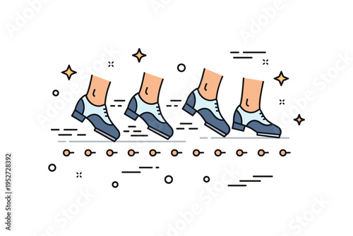Footwork speed training depicted by a sequence of small stepping marks beneath tap shoes with subtle motion lines, expressing agility, tempo control, and