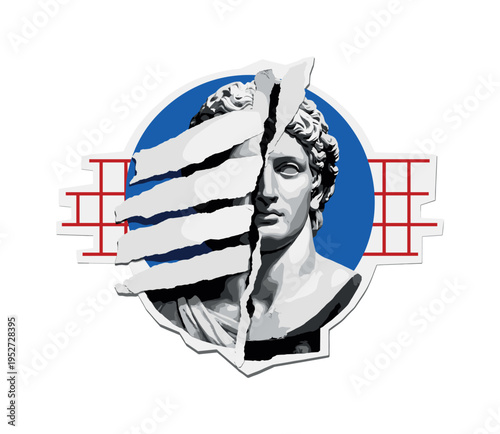 Black and white classical bust sculpture partially hidden behind torn paper strips, one side exposed as if truth uncovered, bold blue circular frame and red