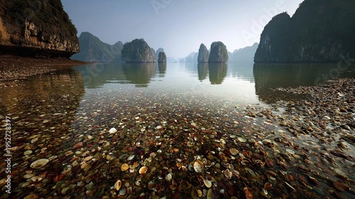 VietNam ha long bay limestone karsts shell fragments vietnamese winter