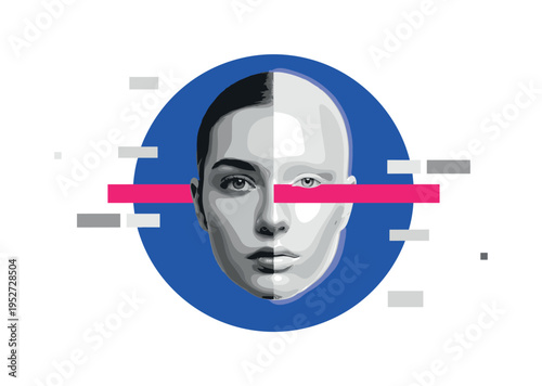 Black and white face split vertically, one half natural and one half smoothed with subtle glow texture, large cobalt blue circular backdrop unifying both