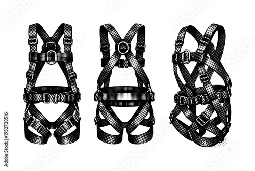 Rescue harness A full-body rescue safety harness with adjustable straps, buckles, and central attachment point, presented in front view, back view, and angled