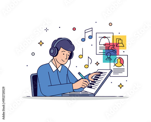 A composer writing music with notes floating around and colorful design sketches nearby, emphasizing creativity, accomplishment, and