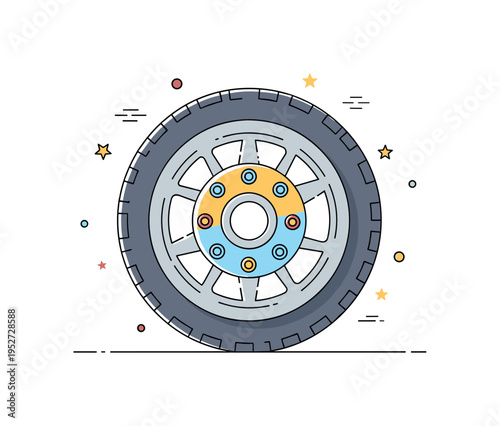 Mechanical engineering focus detailed yet simplified wheel hub with evenly spaced bolts, centered within the large tire silhouette. A clean editorial scene