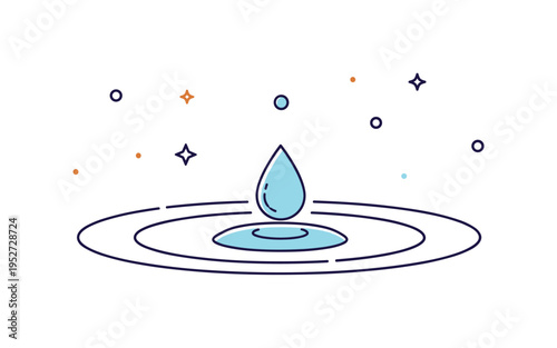 Raindrop splash close up featuring a single droplet hitting water surface expressing purity, freshness, and natural rhythm. Soft circular ripple lines create a